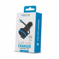"Forever CC-02" automobilinis įkroviklis 2x USB 3A juodas su USB-C kabeliu 0,2 m