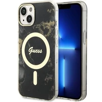 Guess GUHMP14SHTMRSK iPhone 14 6.1" juodas/juodas kietas dėklas Golden Marble Magnetinis
