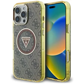 Guess IML Metal Glitter 4G Circle Triangle Magnetinis dėklas telefonui iPhone 16 Pro - rudas