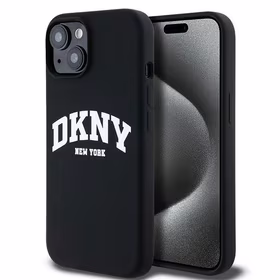 DKNY Skystas silikoninis dėklas MagSafe iPhone 15 / 14 / 13 su balto logotipo spauda - juodas (m)
