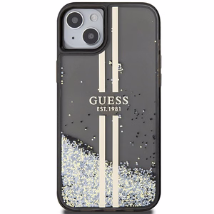 Guess Liquid Glitter Gold Stripes dėklas telefonui iPhone 15 Plus / 14 Plus - juodas