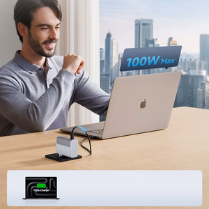 "Cuktech" AD1003EU 100W GaN 2x USB-C + USB-A sieninis įkroviklis su kabeliu - baltas
