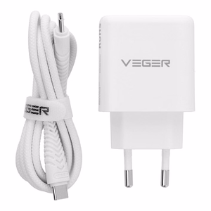 Telefono įkroviklis „VEGER“ USB-A + C tipo, PD, QC3.0, 3,25 A, 65 W + kabelis USB-C į USB-C TR67, baltas