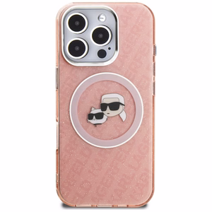 Karl Lagerfeld IML Glitter Karl & Choupette Heads Logo MagSafe dėklas iPhone 16 Pro - rožinis