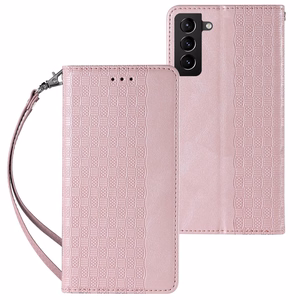 Magnetinis dėklas telefonui Samsung Galaxy S22+ (S22 Plus) su dirželiu, pinigine ir mažu pakabuku - rožinis