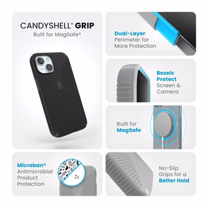 Speck Candyshell Grip MagSafe - iPhone 17e / 16e / 15 / 14 / 13 dėklas (juodas / Slate pilkas)