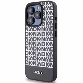 DKNY Odinis spausdintas raštas metalinis logotipas Magnetinis dėklas iPhone 15 Pro - juoda