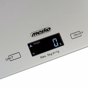 Mesko MS 3145 – elektroninės virtuvinės svarstyklės, iki 5 kg, 1 g padala, LCD, sidabrinės