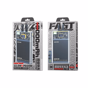 WEKOME WP-323 Vanguard Series išorinė baterija, 10000 mAh, PD 20 W + QC 22,5 W, su integruotais USB-C ir Lightning laidais, juoda ir skaidri