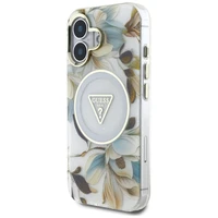 Guess Glitter Flowers Triangle Buttons Magnetinis dėklas telefonui iPhone 16 - baltas