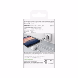 Puro PROLITE 30W USB-A / USB-C sieninis įkroviklis + USB-C - USB-C kabelis 1.2m - baltas
