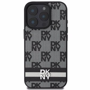 DKNY Dėklas telefonui iPhone 16 Pro su patikrintu raštu ir spausdintomis juostelėmis - juodas