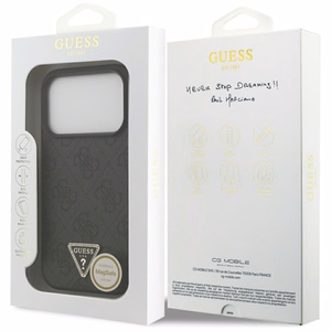 Guess Leather 4G Triangle Strass MagSafe dėklas iPhone 18 Pro / 17 Pro – juodas