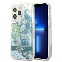 Guess GUHCP13LLFLSN iPhone 13 Pro / 13 6.1" žalias/žalias kietas dėklas gėlių skystas blizgučiai