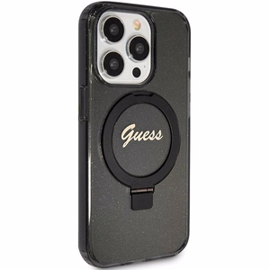 Guess dėklas telefonui su stovu Ring Stand Script Glitter magnetinis iPhone 15 Pro Max - juodas