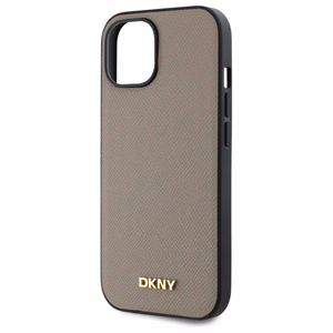 DKNY Grained Metal Logo Magnetinis iPhone 15 dėklas - smėlio spalvos