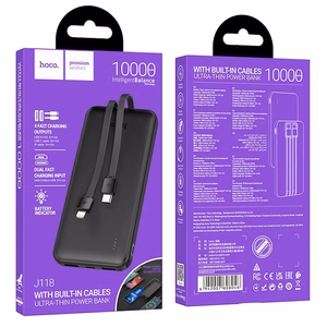 Išorinė baterija Hoco 10000 mAh 2A su įmontuotais kabeliais USB C + Lightning J118 juoda