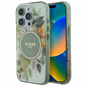 Guess IML Gėlės ir toniniai apskritimai Magnetinis dėklas telefonui iPhone 16 Pro - žalias