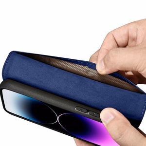 iCarer Piniginės dėklas 2in1 viršelis iPhone 14 Pro Max Anti-RFID odinis atverčiamas dėklas mėlynas (WMI14220728-BU)