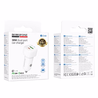 "Borofone" automobilinis įkroviklis BZ34B Cloud - USB + C tipo - QC 3.0 PD 38W, baltas