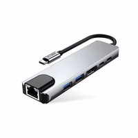 "Tech-Protect" HB02 HUB adapteris 6in1 USB-C + USB2.0 + USB3.0 + HDMI 4K 30Hz + RJ45 + PD100W - pilkas