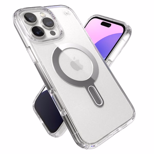 Speck Presidio Perfect-Clear dėklas su MagSafe ir ClickLock, skirtas iPhone 16 Pro Max, „Clear/Chrome“