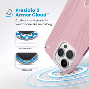 Speck Presidio2 Grip ClickLock & MagSafe dėklas, skirtas iPhone 16 Pro Max, „Wednesday Pink“ / „Boysenberry Purple“ / baltas