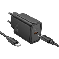 Įkroviklis telefonui Hoco USB C QC PD 30W + kabelis USB C į USB C N62 juodas
