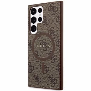 Guess 4G Collection Leather Metal Logo MagSafe dėklas telefonui Samsung Galaxy S24 Ultra - rudas