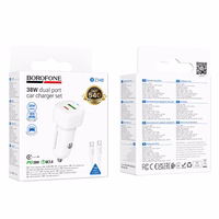 "Borofone" automobilinis įkroviklis BZ34B Cloud - USB + C tipo - QC 3.0 PD 38W su C tipo į C tipo laidu, baltos spalvos