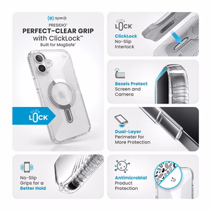 Speck Presidio Perfect-Clear Grip ClickLock & MagSafe dėklas, skirtas iPhone 16 Plus, skaidrus / chromo apdaila / „Serene Silver“