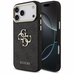 Guess PU Leather 4G Metal Logo Gold Frame dėklas Apple iPhone 18 Pro Max, juodas