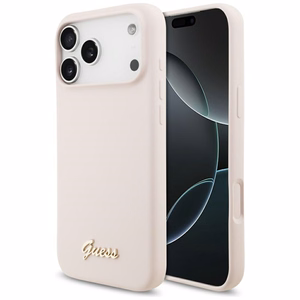 Guess Silikoninis Raštas Metalinis Logo Magnetinė dėklas telefonui iPhone 17 Pro Max - Rožinė