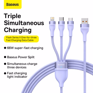 Baseus kabelis Flash Series II 3 in 1 - USB į Type C, Lightning, Micro USB - 66W 6A 1,2 metro (CASS040005) violetinis