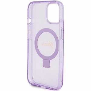 Guess dėklas telefonui su stovu Ring Stand Script Glitter magnetinis iPhone 15 Plus / 14 Plus - violetinis