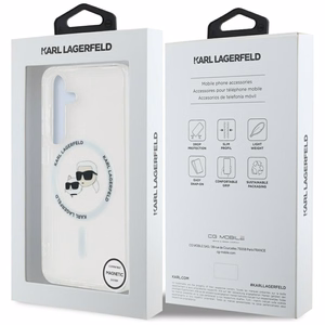 Dėklas telefonui Karl Lagerfeld Button Karl & Choupette Heads Išspausdintas logotipas MagSafe Samsung Galaxy S25 - baltas