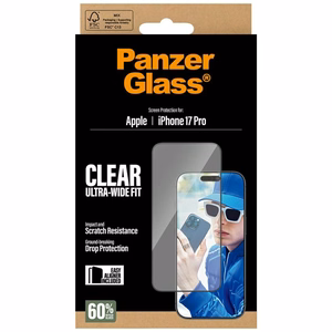 PanzerGlass itin platus EasyAligner grūdintas apsauginis stiklas iPhone 17 Pro telefonui
