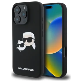Karl Lagerfeld silikoninis Magnetinis dėklas telefonui iPhone 16 Pro su galvų atvaizdais - juodas
