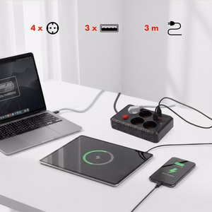 Maclean elektros paskirstytuvas, 4 lizdai + 3xUSB prailginimo laidas, 110–240 V kintama srovė, 50/60 Hz, 2,1 A, maks. 2500 W, 3 m, juodas, MCE393 B
