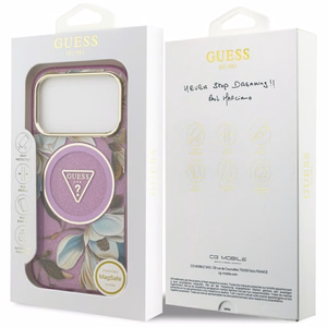 Guess IML Glitter Flowers Triangle MagSafe dėklas, skirtas iPhone 17 Pro / 18 Pro – violetinis