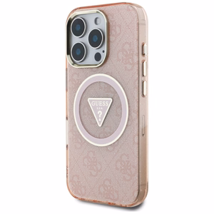 Guess IML Metal Glitter 4G Circle Triangle Magnetinis dėklas telefonui iPhone 16 Pro - rožinis