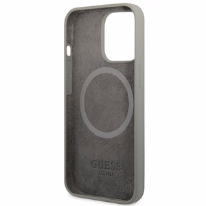 Guess GUHMP13LSPLG iPhone 13 Pro / 13 6.1" pilkas/pilkas kietas dėklas Silikoninis Logo Plate Magnetinis