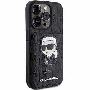 Karl Lagerfeld Saffiano kortelių lizdai ir stovas monograma Ikonik pleistras dėklas iPhone 15 Pro - juoda