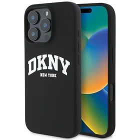 DKNY Silikoninis baltas spausdintas logotipas magnetinis iPhone 16 Pro dėklas - juodas