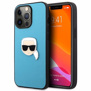 Karl Lagerfeld KLHCP13XPKMB iPhone 13 Pro Max 6,7" mėlynas kietas dėklas Leather Ikonik Karl`s Head Metal