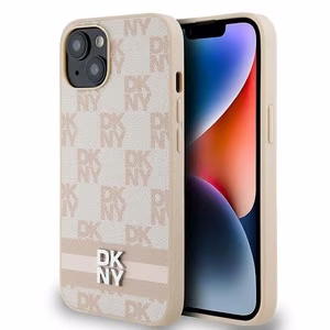 DKNY Leather Checkered Mono Pattern & Printed Stripes dėklas, skirtas iPhone 15 / 14 / 13, rožinis