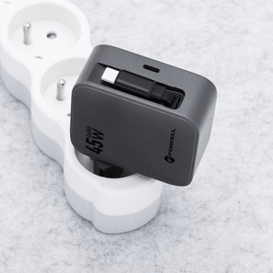 FORCELL F-ENERGY GaN III VT-R5 kelioninis įkroviklis su ištraukiamu kabeliu Type C ir Type C įkrovimo prievadu PD QC4.0 3A 45W pilkas