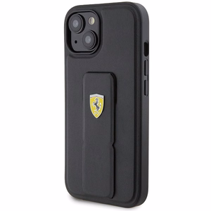 Ferrari Grip Stand Metal Logo dėklas iPhone 15 – juodas