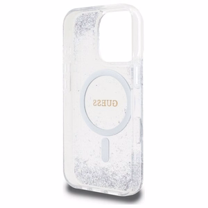 Guess dervos gradientinis blizgus magnetinis dėklas iPhone 16 Pro telefonui – sidabrinis