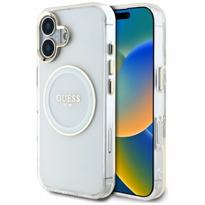 Guess IML Metal Colored Circle Classic Logo Magnetinis dėklas telefonui iPhone 16 - baltas